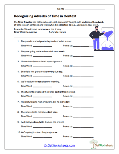 Recognizing Adverbs of Time Worksheet