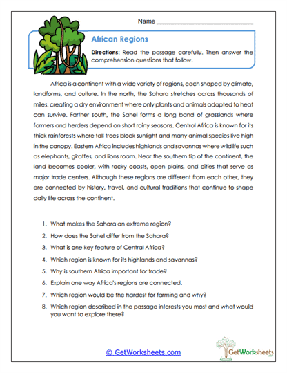 African Regions Worksheet