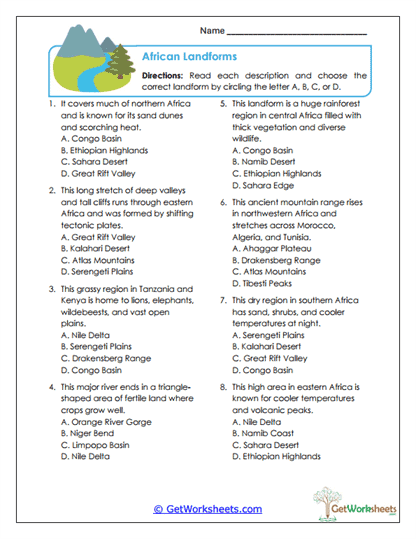 African Landforms Worksheet