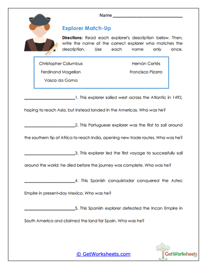 Explorer Match-Up Worksheet