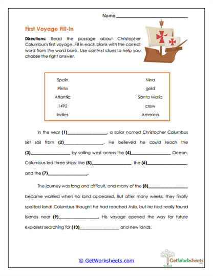 First Voyage Fill-In Worksheet