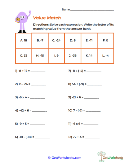 Value Match Worksheet