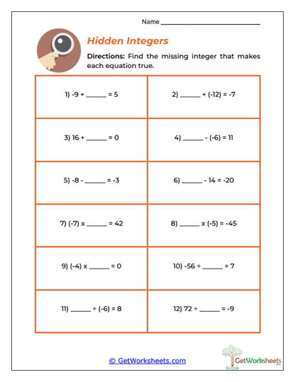 Hidden Integers Worksheet