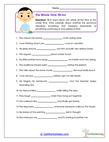 The Whole Time Fill-Ins Worksheet