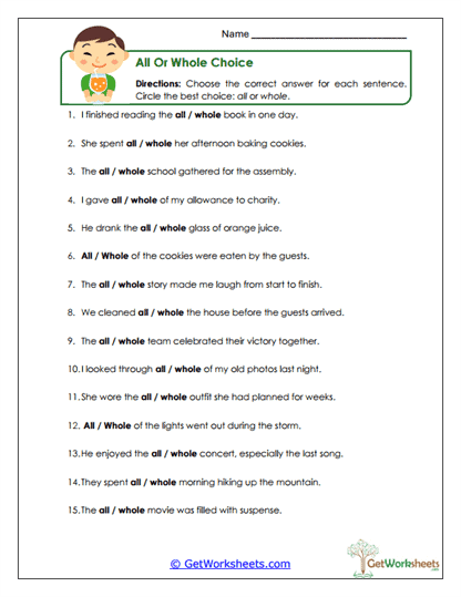 All or Whole Choice Worksheet