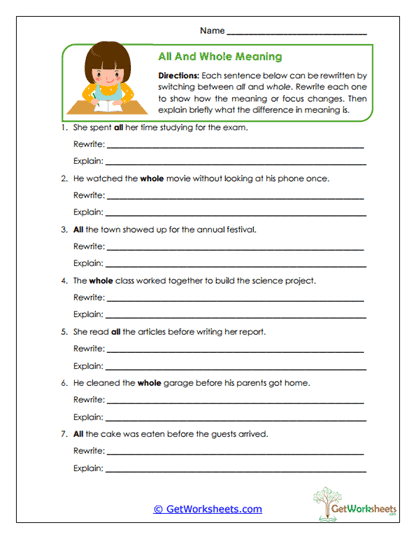 All and Whole Meaning Worksheet