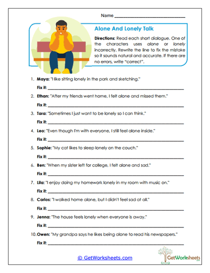Alone and Lonely Talk Worksheet