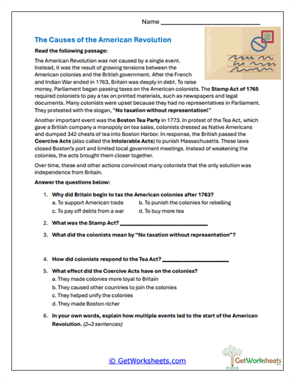 Causes of the Revolution Worksheet