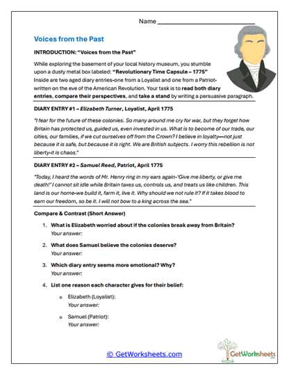Comparing Loyalist and Patriot Perspectives Worksheet