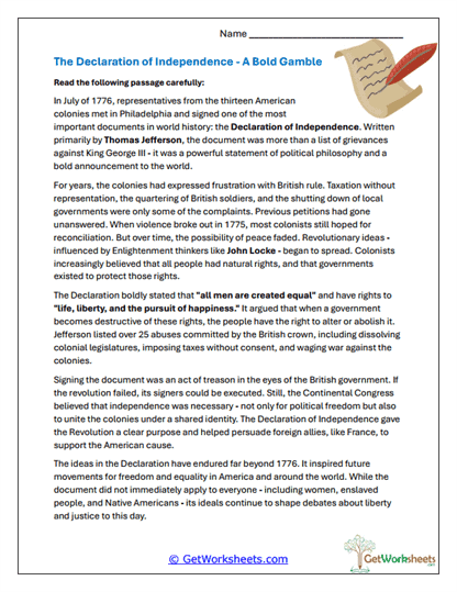 Declaration of Independence Reading Worksheet