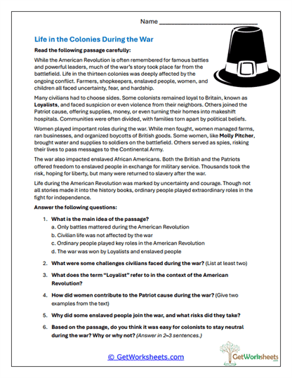 Colonial Life During the War Worksheet