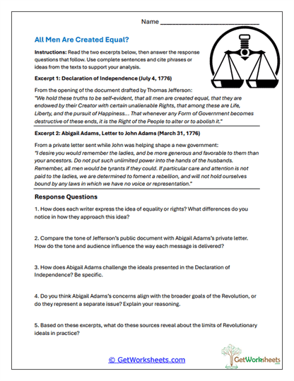 Equality in the Revolution Worksheet