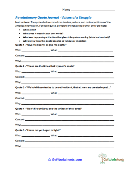 Revolutionary Quotes Journal Worksheet