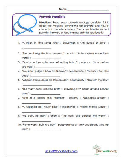 Proverb Analogies Worksheet