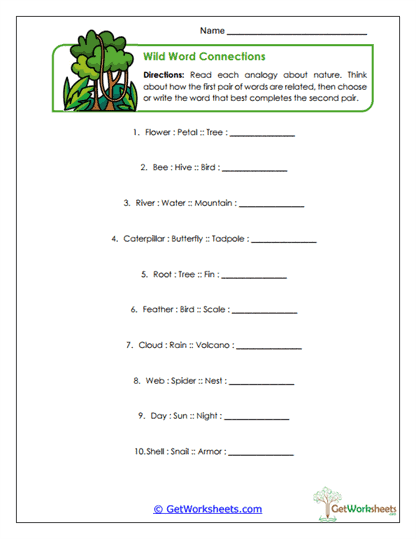 Nature Word Analogies Worksheet