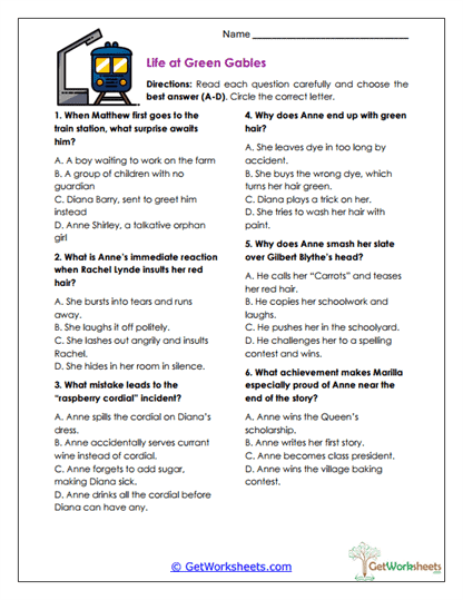 Life at Green Gables Worksheet