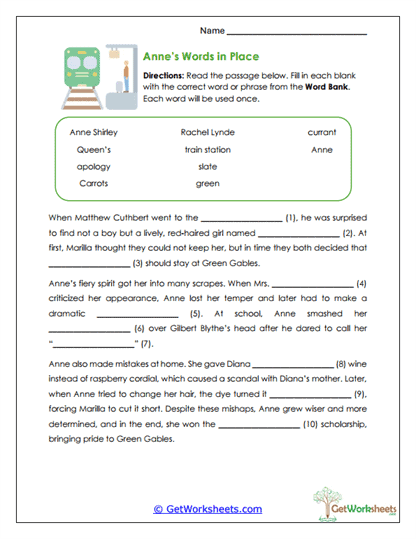 Anne's Words in Place Worksheet