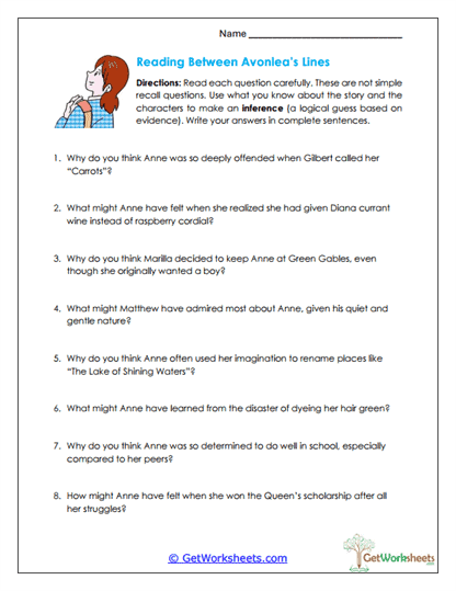 Reading Between Avonlea's Lines Worksheet