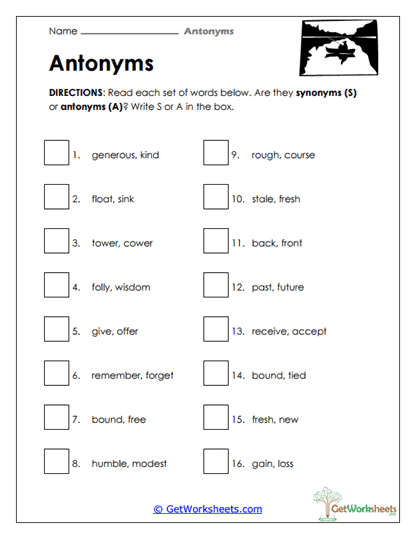 Synonym or Antonym Sort Worksheet