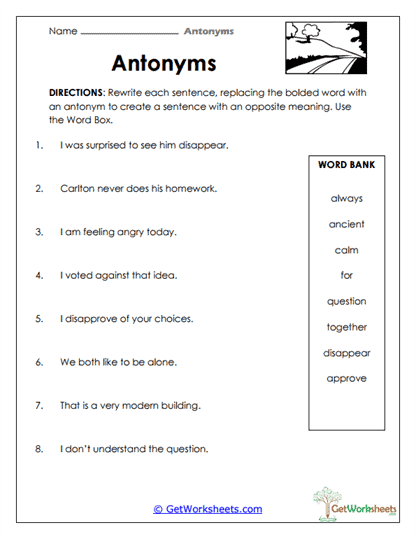 Sentence Opposites Worksheet