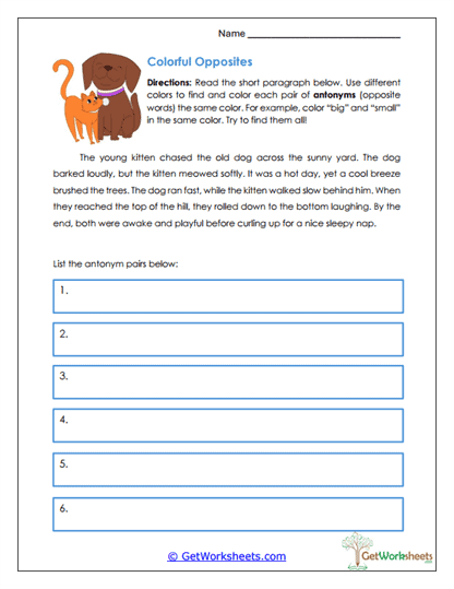 Colorful Opposites Worksheet