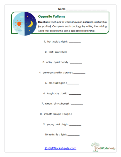 Opposite Patterns Worksheet