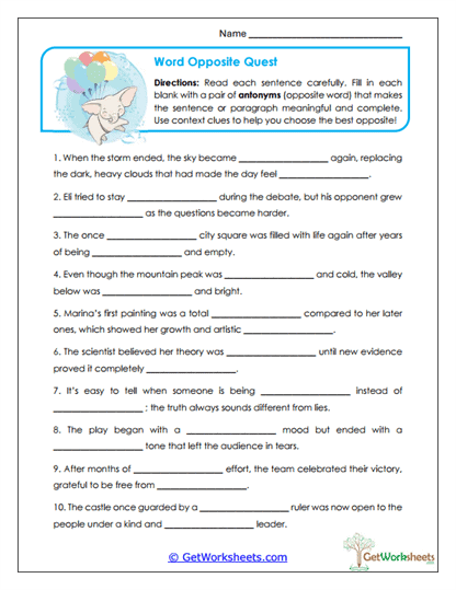 A Word Opposite Worksheet
