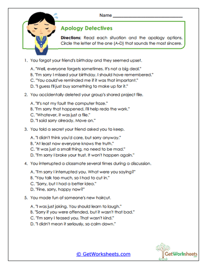 Apology Detectives Worksheet