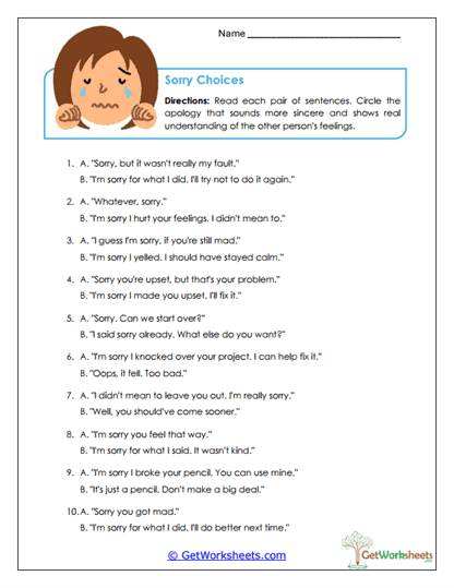 Sorry Choices Worksheet