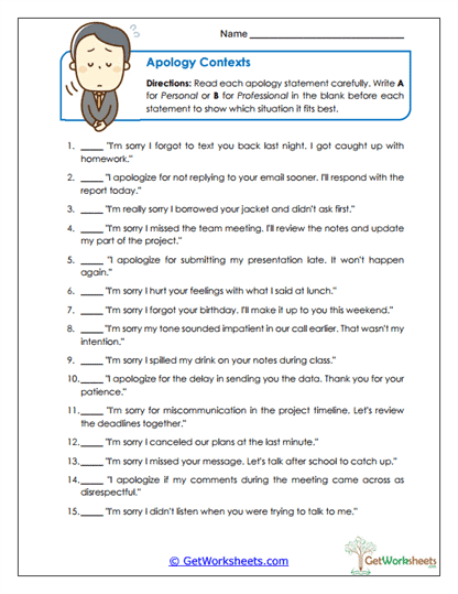 Apology Contexts Worksheet