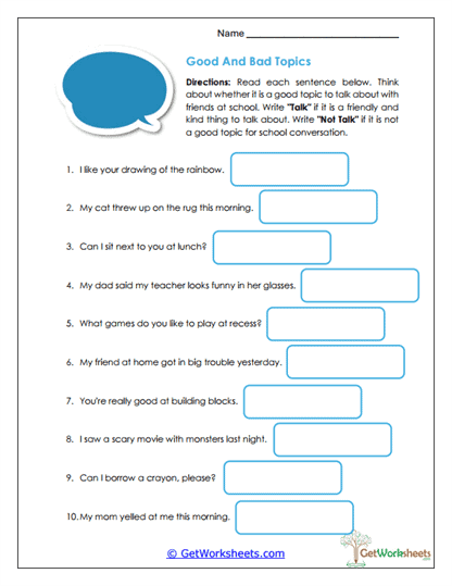 Good and Bad Topics Worksheet