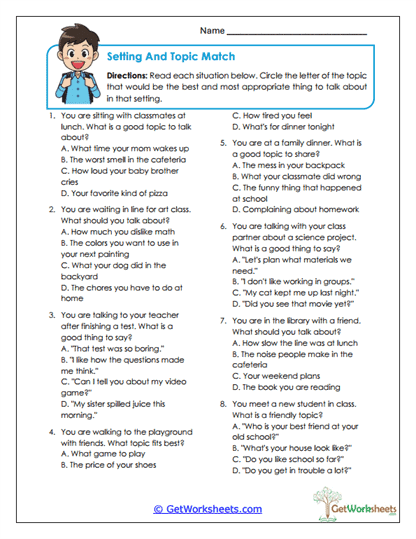 Setting and Topic Match Worksheet