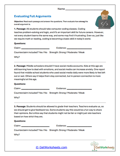 Evaluating Full Arguments Worksheet