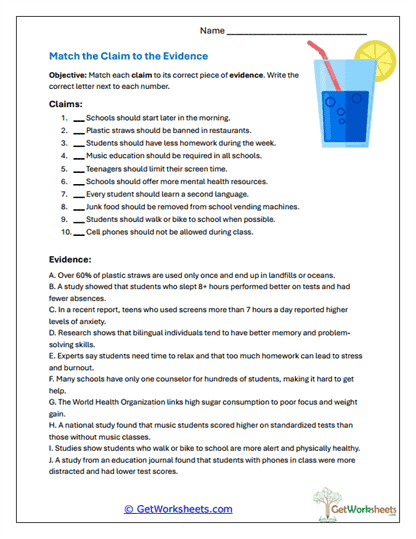 Match Claim to Evidence Worksheet