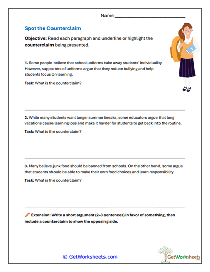 Spot the Counterclaim Worksheet