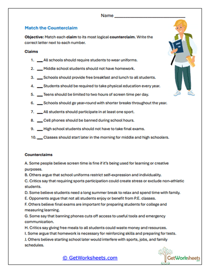 Match the Counterclaim Worksheet