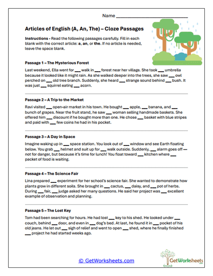 Articles a, an, the Worksheets