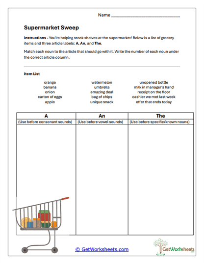 Supermarket Sorting Worksheet