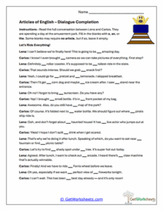 Dialogue Practice Worksheet Answer Key Dialogue Completion Practice Worksheet - Using Articles in Context