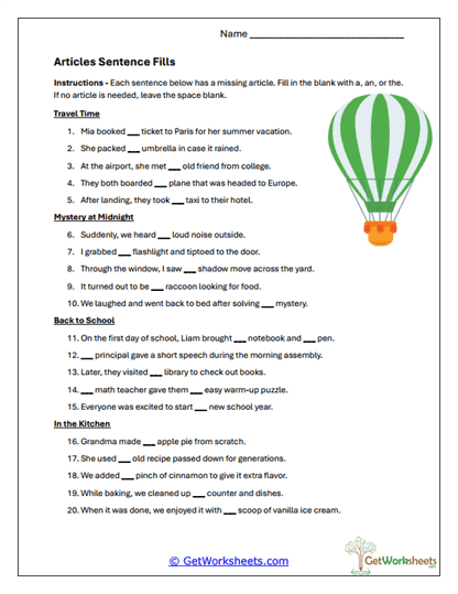 Article Sentence Fills Worksheet