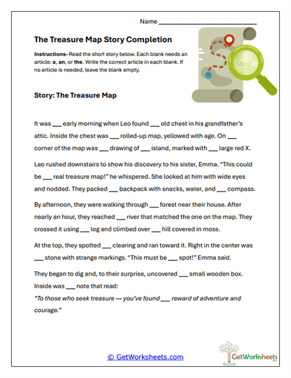 Treasure Map Story Worksheet