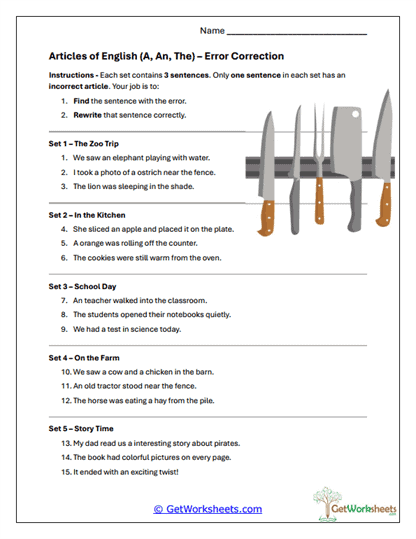 Article Error Correction Worksheet