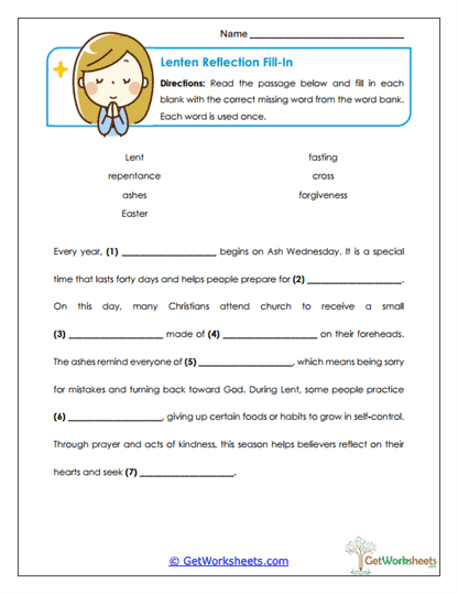 Lenten Reflection Fill-In Worksheet