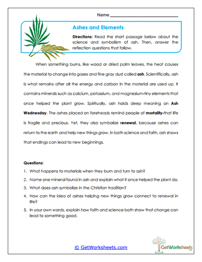 Ashes and Elements Worksheet