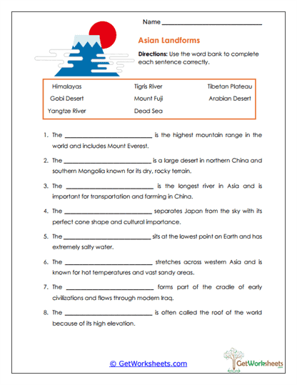 Asian Landforms Worksheet