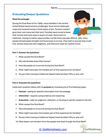 Evaluating Deep Questions Worksheet