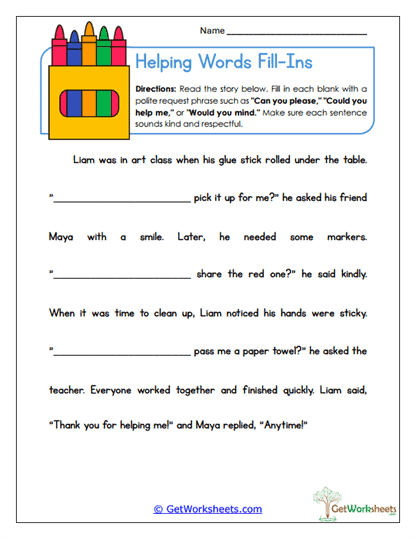 Helping Words Fill-Ins Worksheet