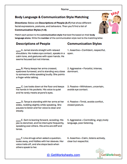 Body Language & Communication Matching Worksheet
