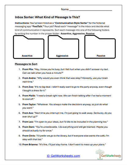 Inbox Sorter Worksheet