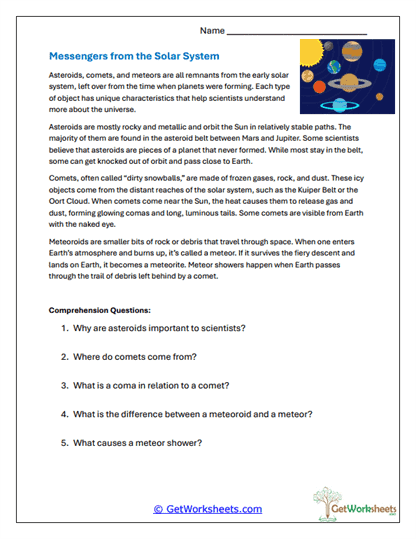 Asteroids, Comets, and Meteors Worksheets